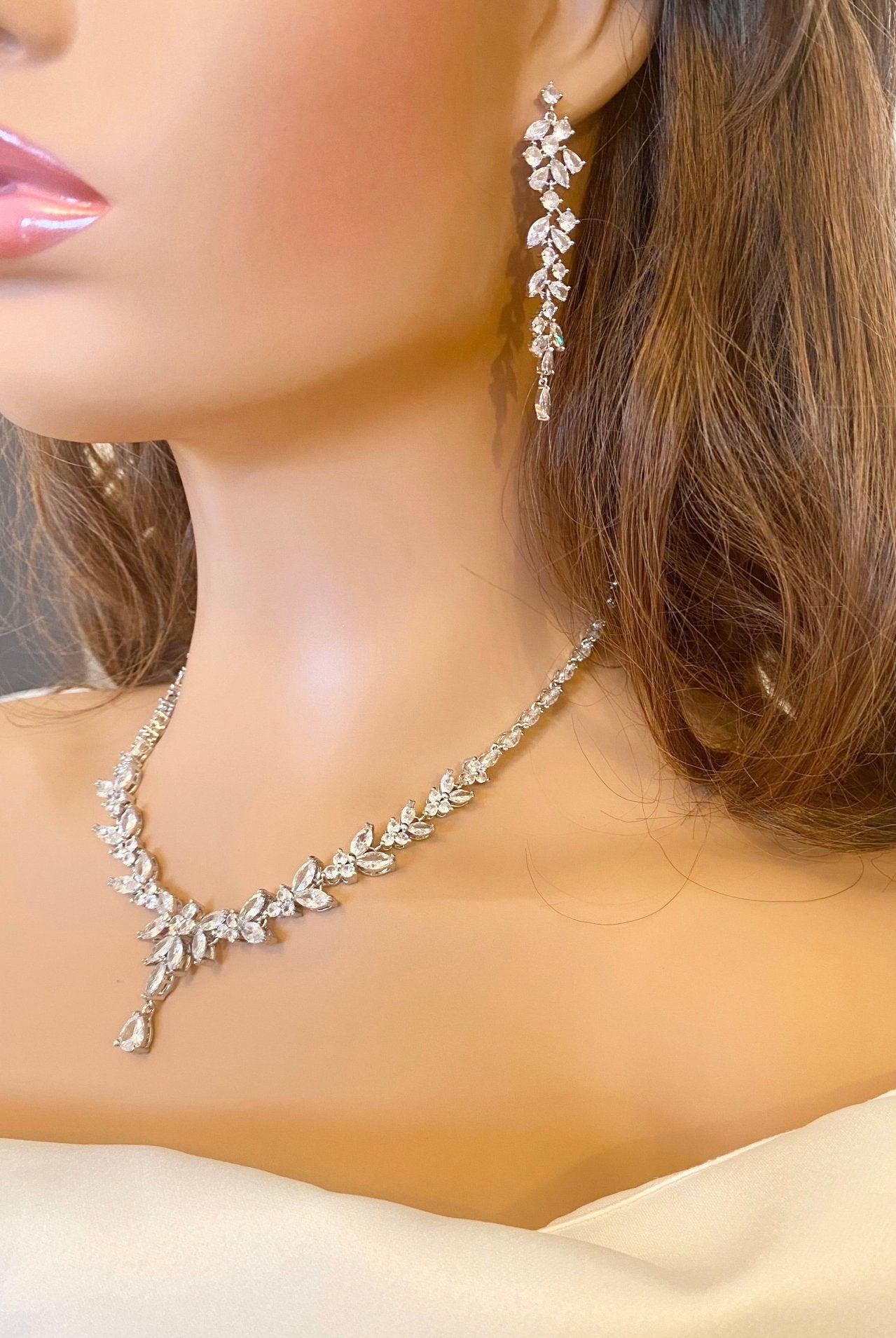 Crystal CZ Wedding Necklace Set Gift for Her Bridal Jewellery Droplet Earrings Bracelet in Silver Gold Rose Gold. Leaf Style Design